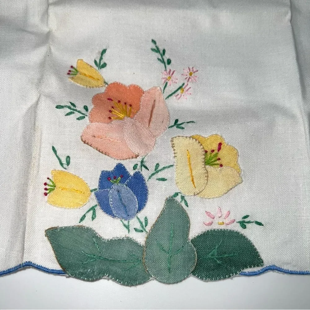 Floral Embroidered Table Linens - White with Multicolor Accents